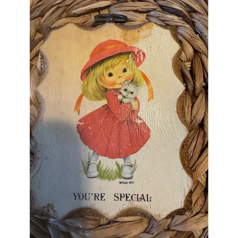 Vintage 1973 Paula-Cutes Youre Special Wood Plaque Girl with Kitten 70s Decor